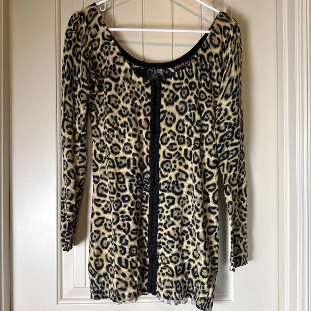 Betsey Johnson Medium Brown Black Leopard Print Sweater Tunic Lace Back Y2K 90s